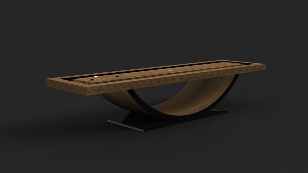 Discover the Theseus Shuffleboard Table with its sleek, curved wooden base and dark surface, showcasing a modern and contemporary design against a dark background.