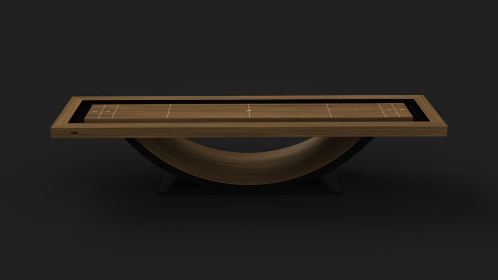 Introducing the Theseus Shuffleboard Table: a sleek masterpiece with a wooden surface on a unique curved base. It features clearly marked scoring lines and a smooth finish, embodying sophistication from every angle against its dark background.