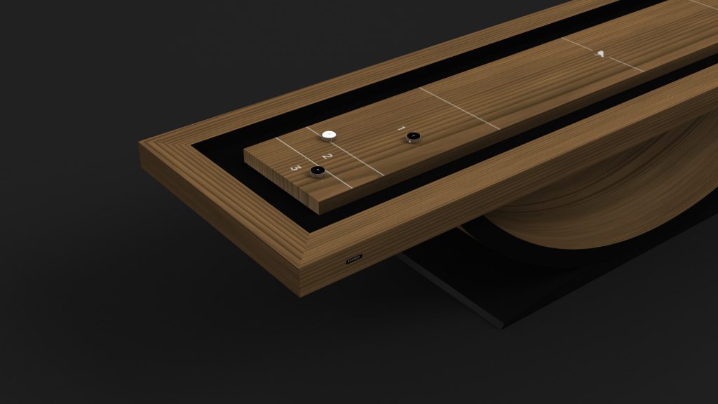 A modern, minimalist wooden clock with a sleek design features horizontal grooves and subtle circular details on a dark background, echoing the luxurious craftsmanship of the Theseus Shuffleboard Table. Time is marked by thin white lines.