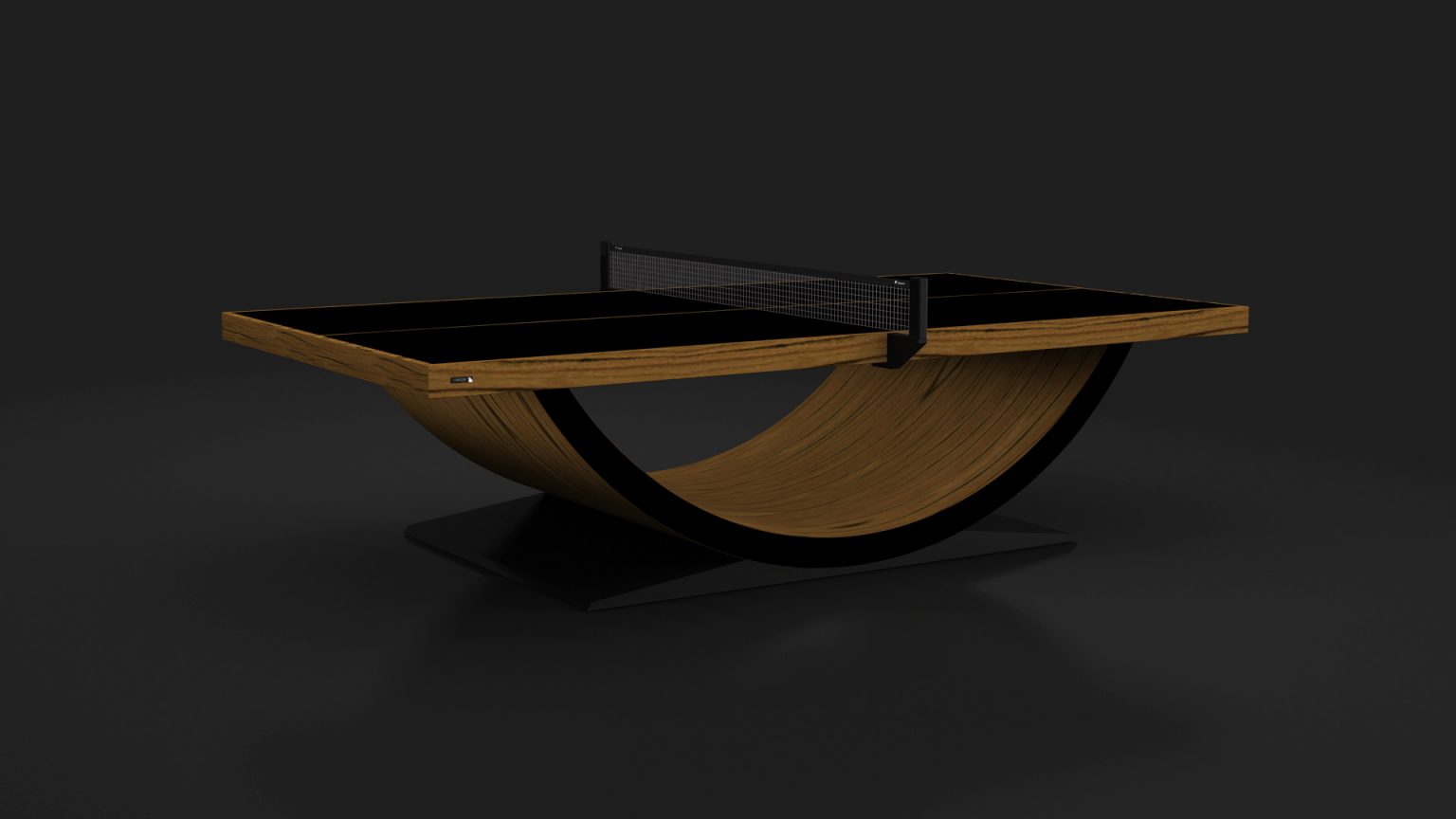 Introducing the Theseus Ping Pong Table: a luxury piece with a curved wooden base and sleek black surface, enhanced by a dark background. The elegant, sturdy net in the center epitomizes sophistication and modern style.