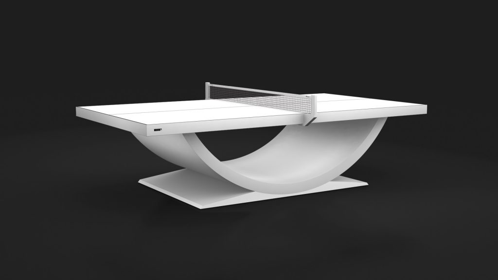 Discover the Luxury Theseus Ping Pong Table, a sleek white piece with a curved base on a black backdrop and a minimalist center net, embodying sophistication and timeless style.