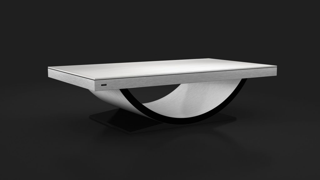 Elegant and contemporary, this luxury coffee table has a rectangular glass top with unique curved metal supports in silver and black, echoing the Theseus Convertible Pool/Dining/Ping Pong Tables sophistication, all framed against a dark backdrop.