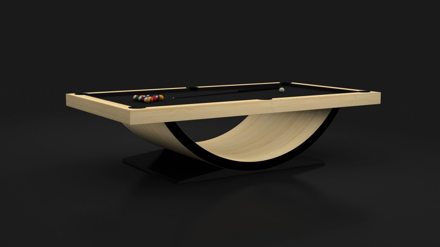 Discover the elegance of the Theseus Pool Table, showcasing a modern billiard design with a distinctive curved wooden base and a sleek black finish. A set of striped and solid balls, along with a cue ball, is poised to enhance your game.