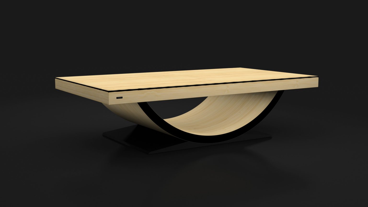 A sleek coffee table with a light wooden top and a curved, dark base mirrors the contemporary elegance of the Theseus Convertible Pool/Dining/Ping Pong Table against a bold black backdrop.