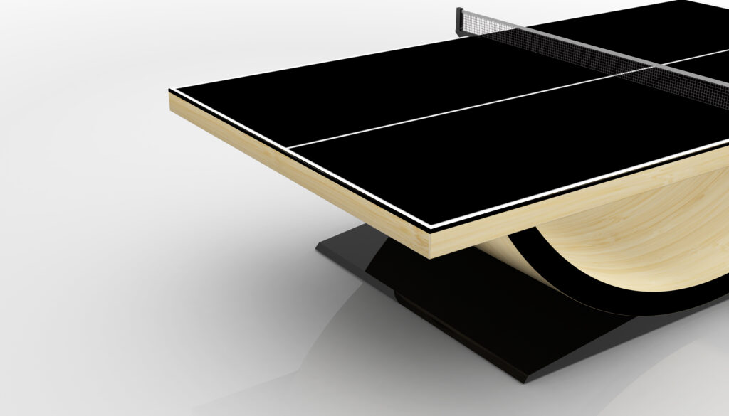 The Theseus Ping Pong Table features a modern black surface, light wood frame, and curved base. Displayed on a white background, it highlights a minimalist net and sleek, contemporary design.