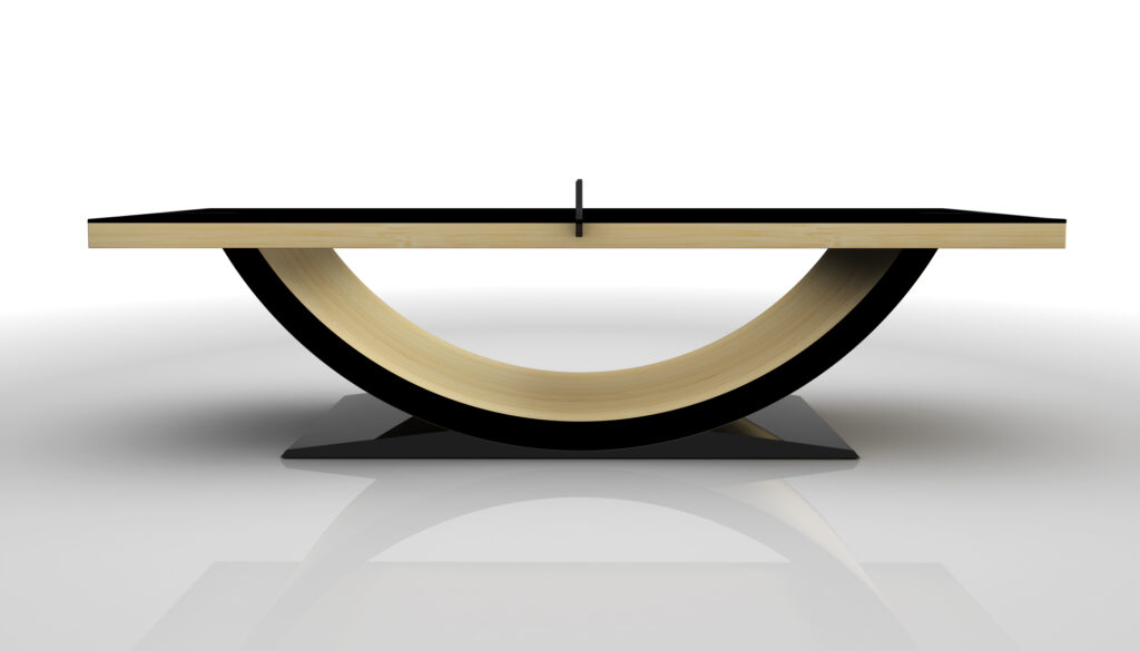 The Theseus Ping Pong Table features a modern black top and a distinctive curved wooden base, displayed on a reflective surface against a minimalist white background.