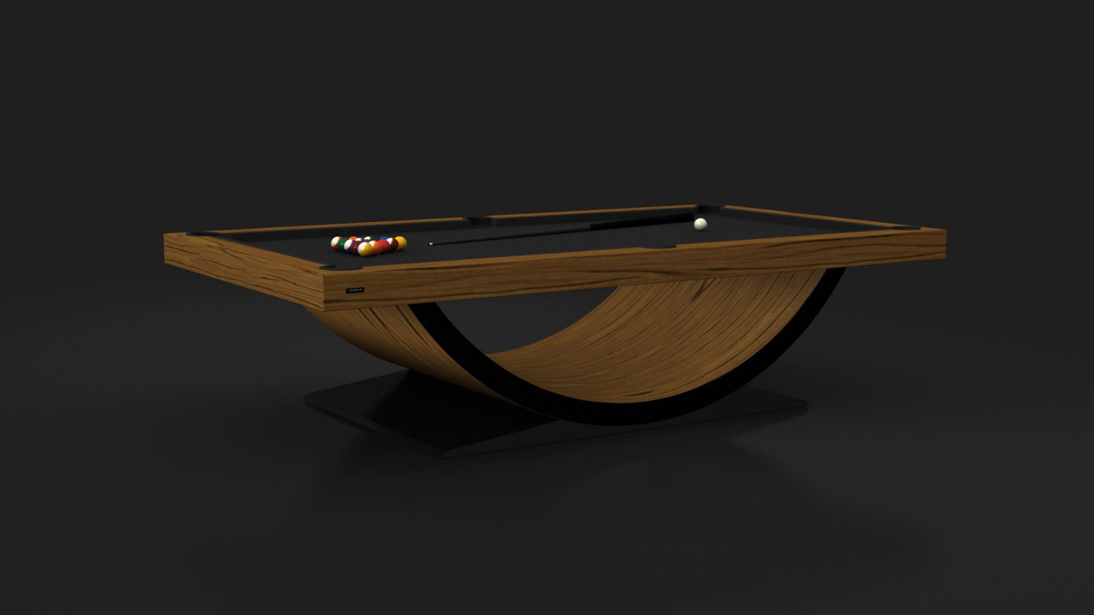 Meet the Theseus Pool Table: a design masterpiece featuring a sleek curved wooden base and elegant black surface. Perfectly arranged pool balls, including a cue ball, sit at one end against a dark backdrop, enhancing its sophisticated allure.