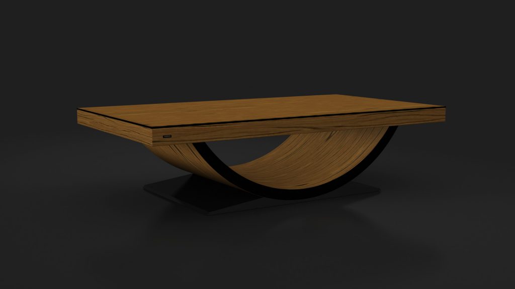 A luxurious coffee table features a wooden rectangular top and a unique semi-circle base, echoing the elegance of the Theseus Convertible Pool / Dining / Ping Pong Table, all against a dark setting. Its curved base adds an artistic touch to its sleek design.