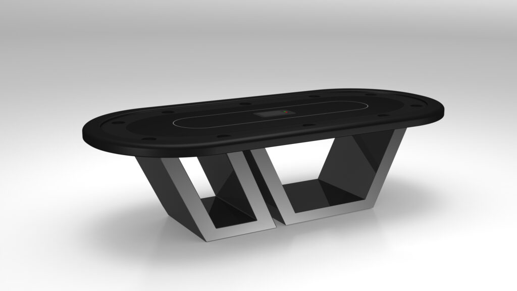 The Titan Oval Poker Table features a modern, sleek black design with a central inlay and sturdy geometric metal legs, displayed against a plain white background.