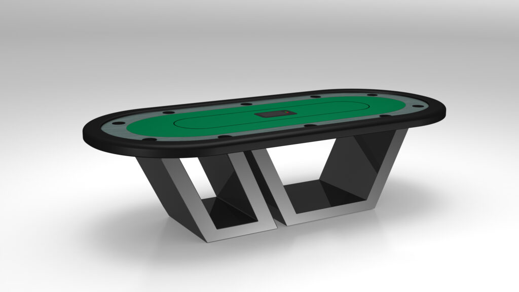 The Titan Oval Poker Table features a green felt playing surface, black border, and geometric metal legs, showcased against a plain white background.