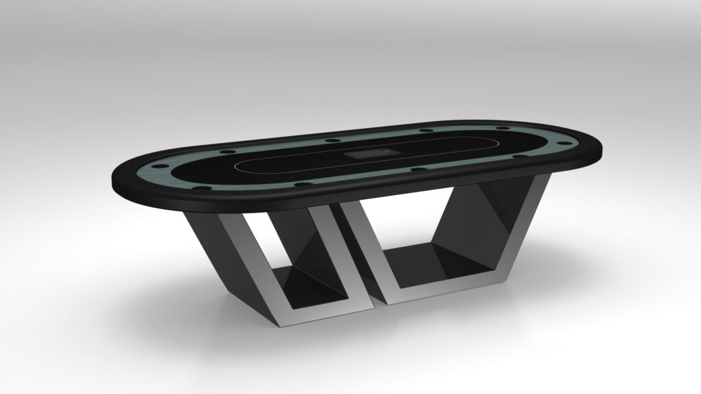 The Titan Oval Poker Table features a modern oval shape, black top, green felt surface, and unique geometric metal legs, displayed on a plain white background.