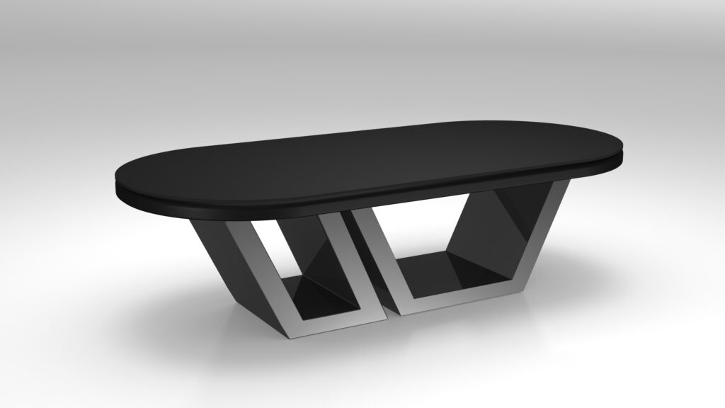 The Titan Oval Poker Table features a modern black design with a glossy surface, supported by two angular silver metal bases shaped as open rectangles. The table is displayed against a plain white background.