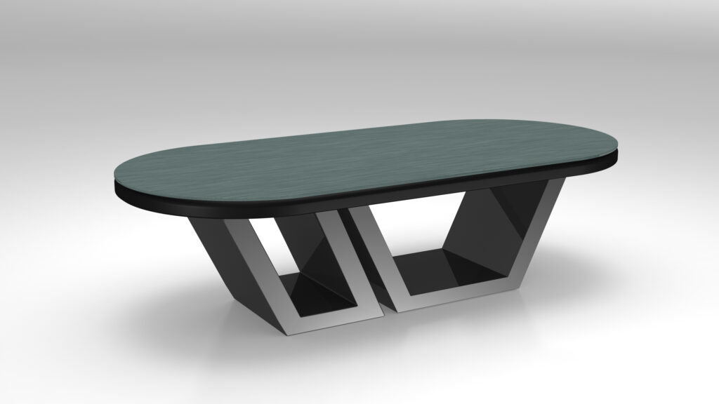 The Titan Oval Poker Table features a dark wood top and two geometric metallic U-shaped bases, shown against a plain white background.