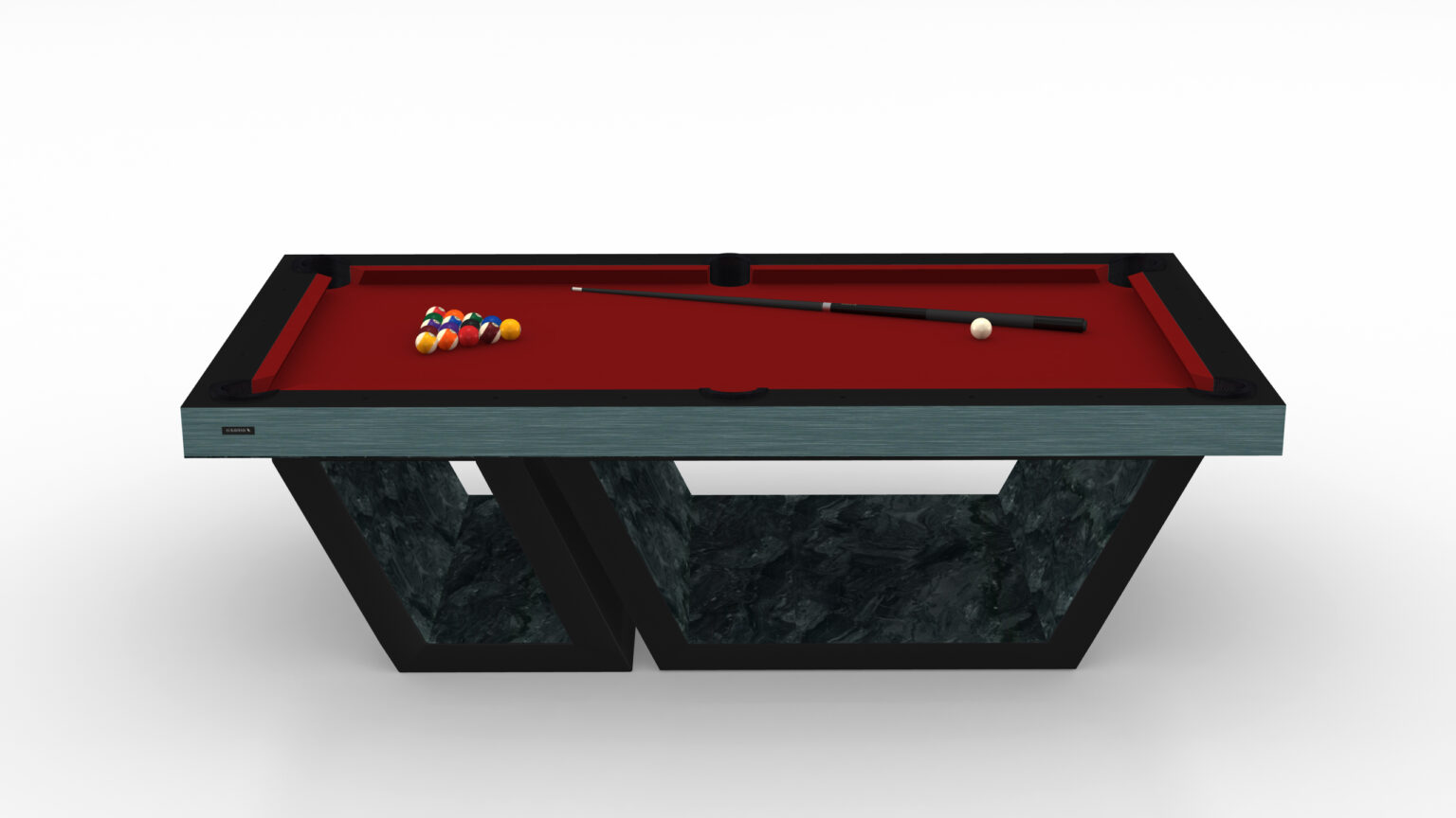 The Titan Pool Table is a modern, artistic luxury game table with a sleek gray marble frame, vibrant red felt top, cue stick, perfectly arranged billiard balls at one end, and a unique geometric design base.