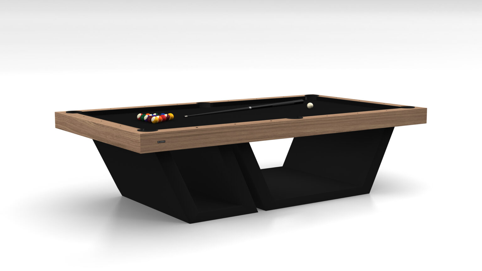 The Titan Pool Table is a luxury game table featuring a modern design with a wooden frame, black felt surface, and multicolored balls. A cue stick and white cue ball are included. Its unique geometric black base enhances its elegant appeal.