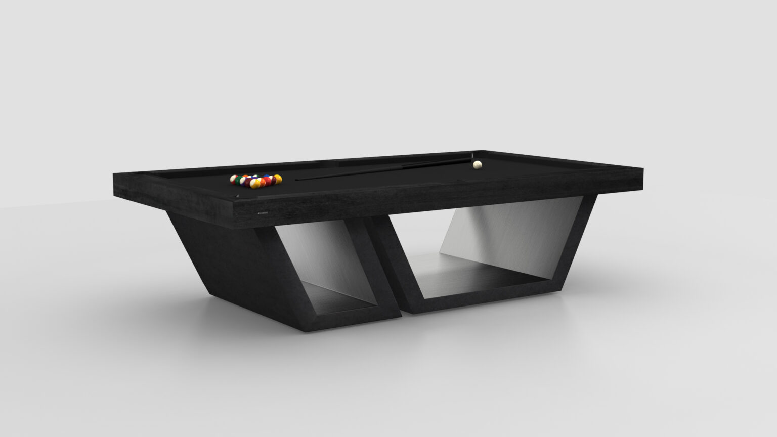 The Titan Pool Table boasts a modern black design with a sleek, angled base. Its dark surface is elegantly set with arranged balls and a white cue ball, while the bright room and neutral background emphasize its contemporary style.