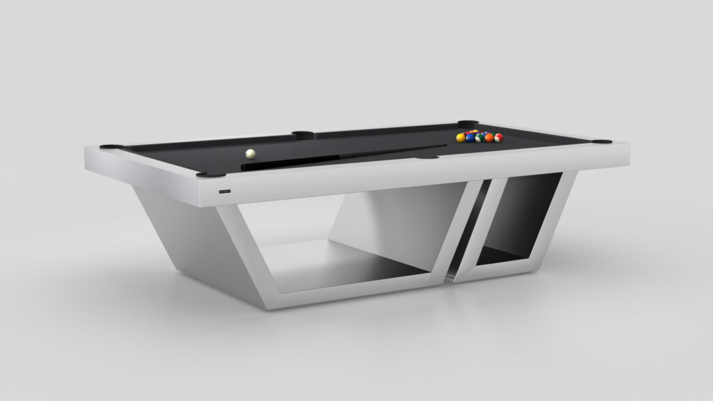 The Titan Pool Table is a luxury game table with a modern design, featuring a sleek angular white base and black surface. It comes with one white cue ball and a set of colorful balls, all presented against a minimalist background.