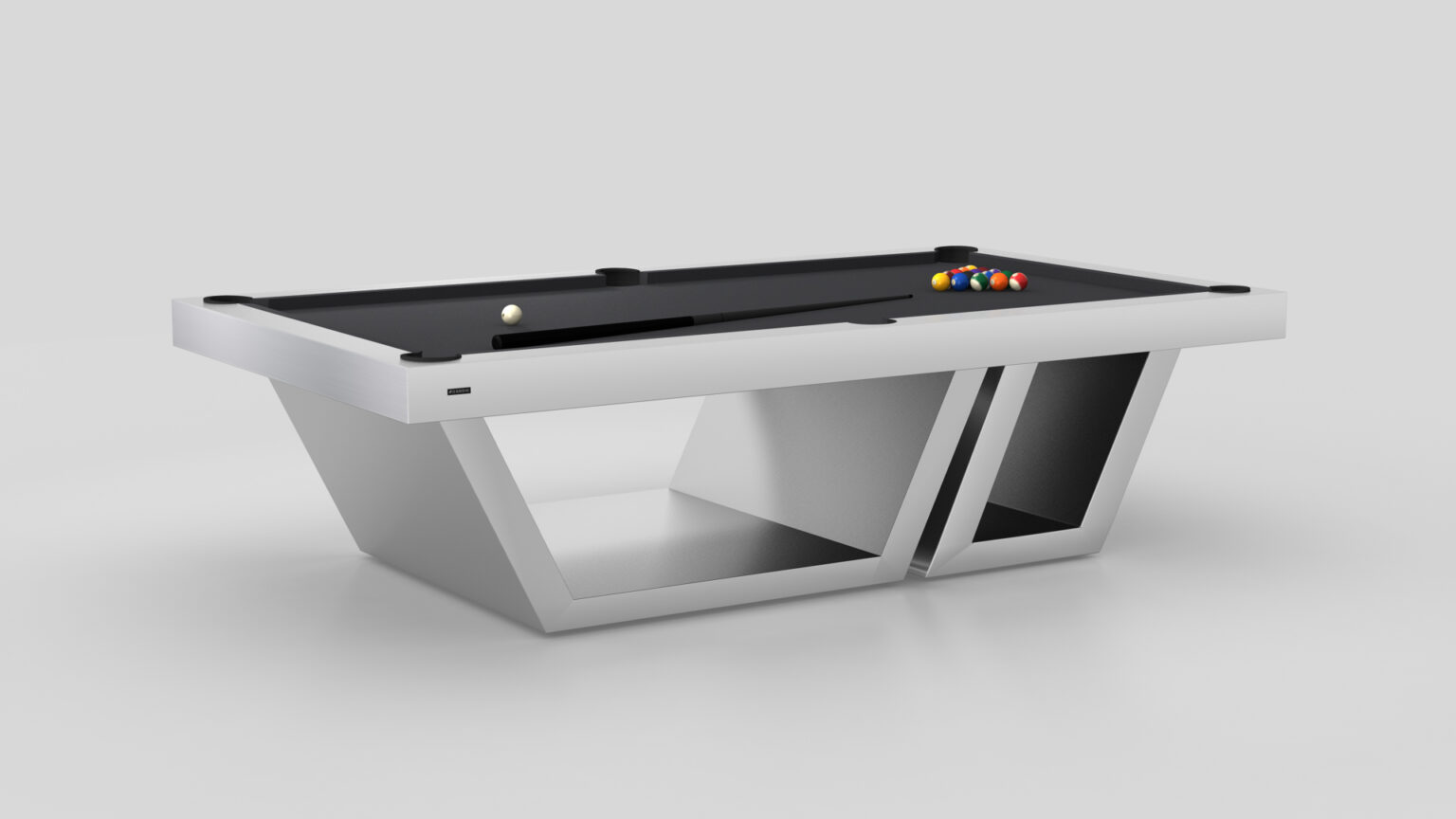The Titan Pool Table is a luxury game table with a modern design, featuring a sleek angular white base and black surface. It comes with one white cue ball and a set of colorful balls, all presented against a minimalist background.