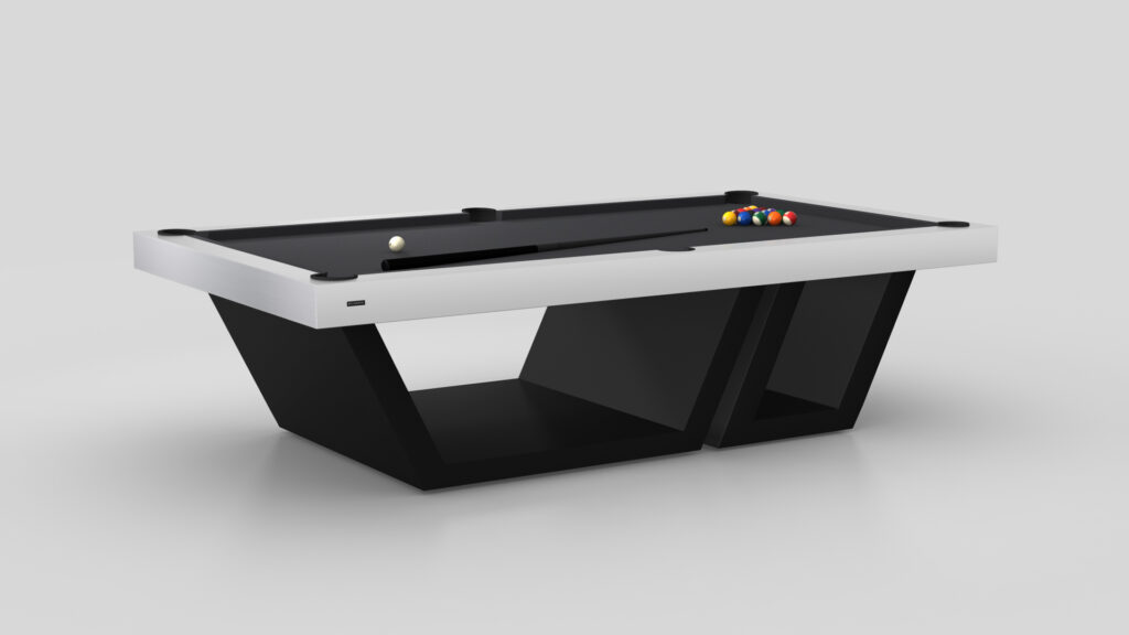 The Titan Pool Table is a modern luxury game table that showcases a black and white design with a sleek, minimalist look. Featuring lined-up balls ready for play and a geometric, angular base, it boasts a contemporary aesthetic that makes it a standout piece in any space.