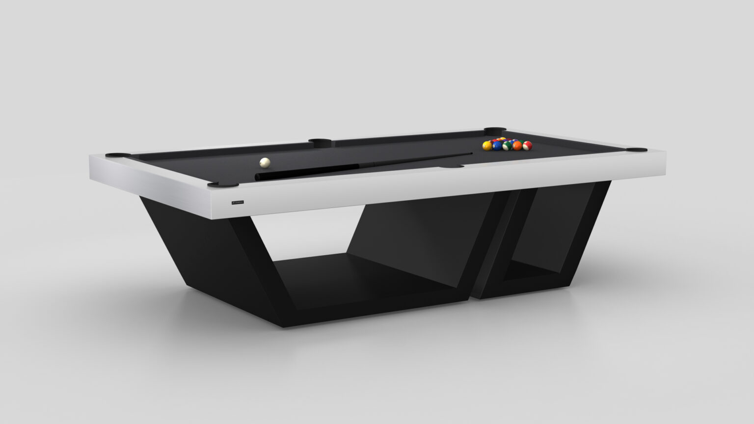 The Titan Pool Table is a modern luxury game table that showcases a black and white design with a sleek, minimalist look. Featuring lined-up balls ready for play and a geometric, angular base, it boasts a contemporary aesthetic that makes it a standout piece in any space.