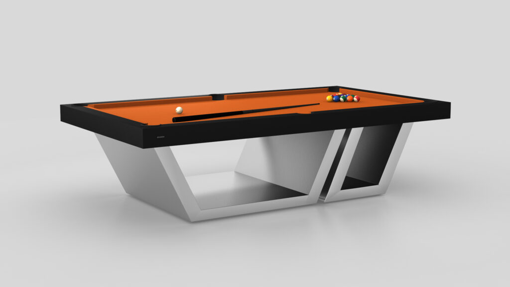 The Titan Pool Table combines modern luxury with elegance, featuring an orange felt top and a sleek angled metal base. A cue ball rests near the corner pocket, and colored balls cluster at the opposite end against a light gray backdrop, enhancing its sophisticated appeal.