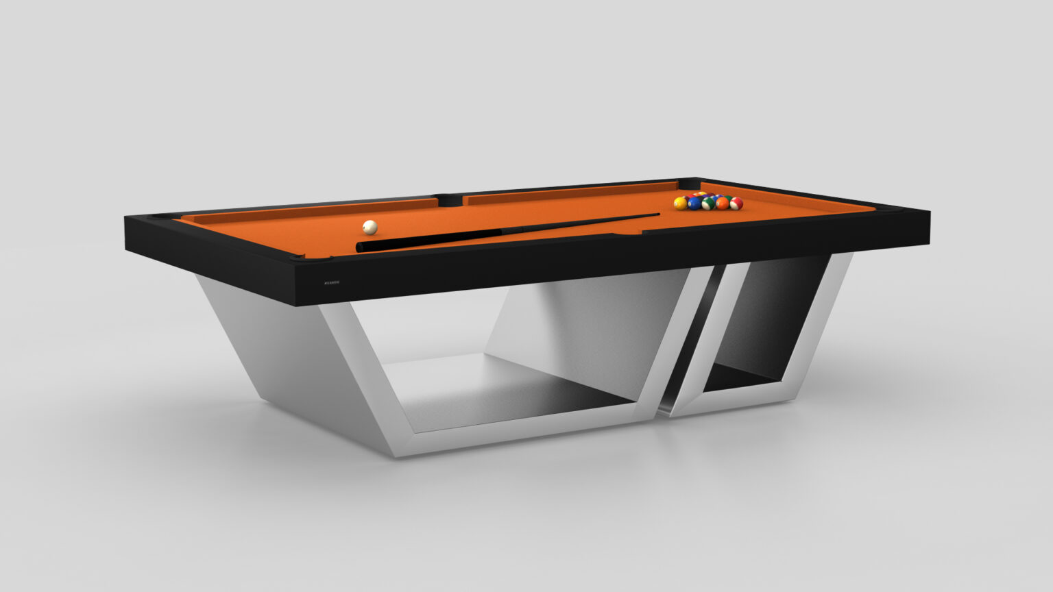 The Titan Pool Table combines modern luxury with elegance, featuring an orange felt top and a sleek angled metal base. A cue ball rests near the corner pocket, and colored balls cluster at the opposite end against a light gray backdrop, enhancing its sophisticated appeal.