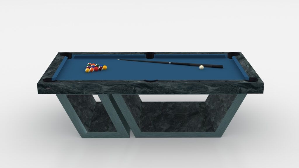 The Titan Pool Table, a modern luxury game table, has a blue felt surface with a triangular rack of billiard balls, cue stick, and cue ball. Its unique geometric design with angular supports contrasts strikingly against the plain white background.