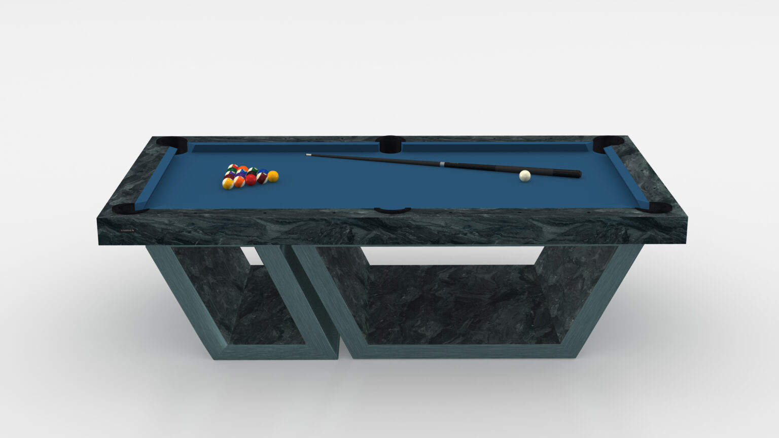 The Titan Pool Table, a modern luxury game table, has a blue felt surface with a triangular rack of billiard balls, cue stick, and cue ball. Its unique geometric design with angular supports contrasts strikingly against the plain white background.