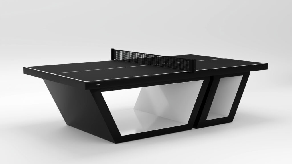 The Titan Ping Pong Table is a modern, black table with a sleek, angular design and unique geometric base, shown on a plain white background.