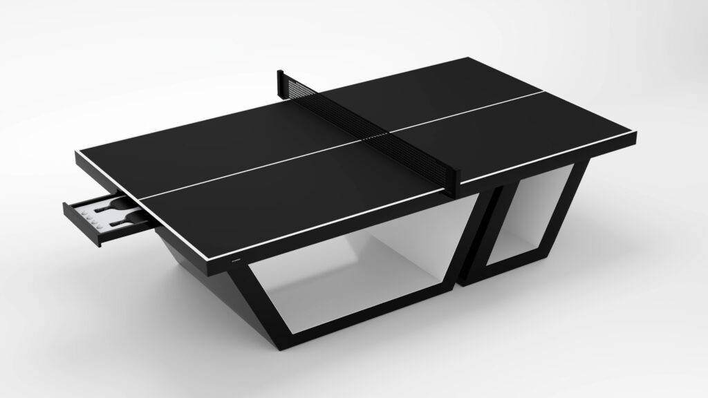 The Titan Ping Pong Table is a modern black table with white lines, angled legs, and a pull-out drawer for paddles and balls, shown against a white background.