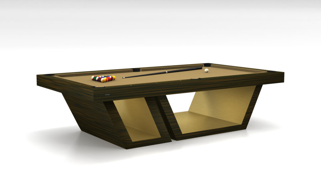 The Titan Pool Table is a modern luxury game table with a unique geometric base, featuring a tan felt surface. It includes a cue stick, white cue ball, and racked billiard balls at one end, set elegantly against a plain white background.