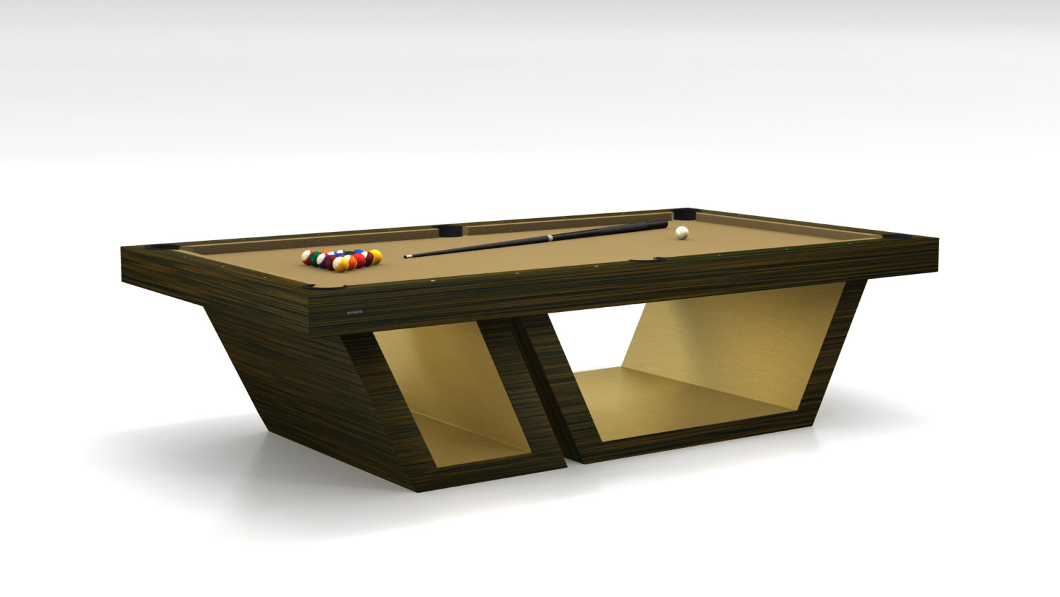 The Titan Pool Table is a modern luxury game table with a unique geometric base, featuring a tan felt surface. It includes a cue stick, white cue ball, and racked billiard balls at one end, set elegantly against a plain white background.