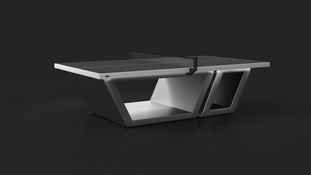 The Titan Ping Pong Table features a sleek, modern design with a unique geometric shape and built-in net, set against a dark backdrop. Its angular base emphasizes minimalism and contemporary style, making it ideal as the centerpiece for sophisticated spaces.