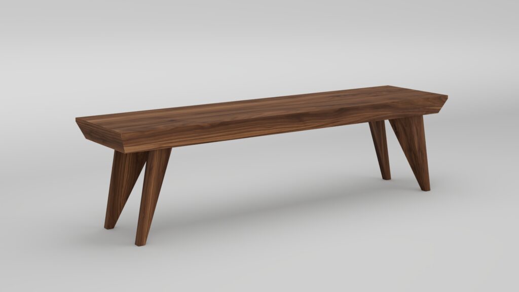 The Trigon Bench features a modern rectangular wooden seat with four angled legs, displayed against a plain light gray background.