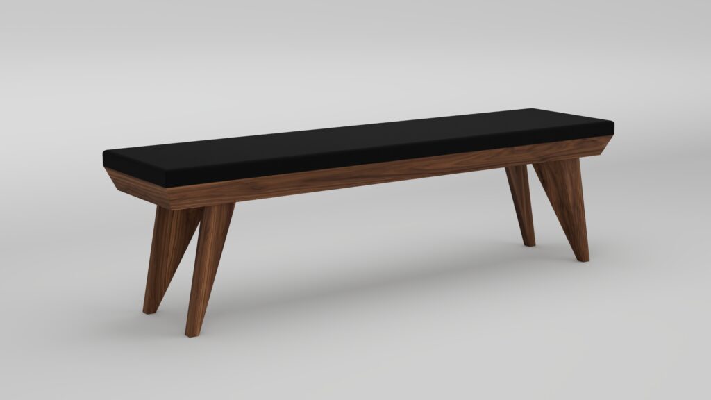 The Trigon Bench is a contemporary wooden bench featuring four angled legs and a rectangular black cushion, displayed on a plain light gray background.