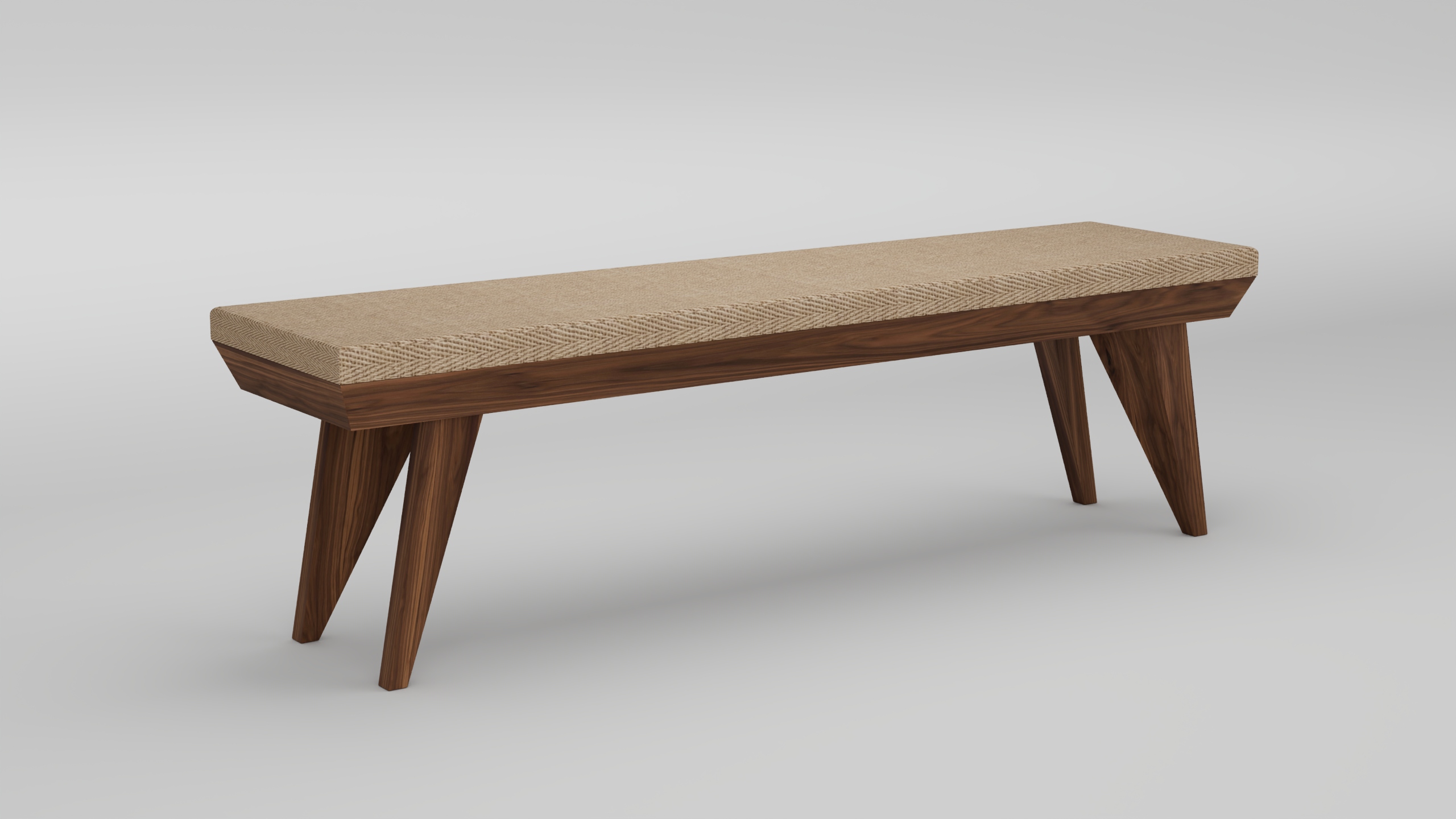 The Trigon Bench showcases a modern wooden frame, angled legs, and a beige upholstered seat, all set against a plain light gray background.