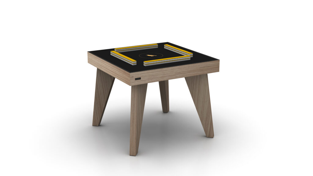 The Theseus Mahjong Table is a luxury modern square wooden table with angled legs, featuring a central elevated black square adorned with yellow accents and a circular design.