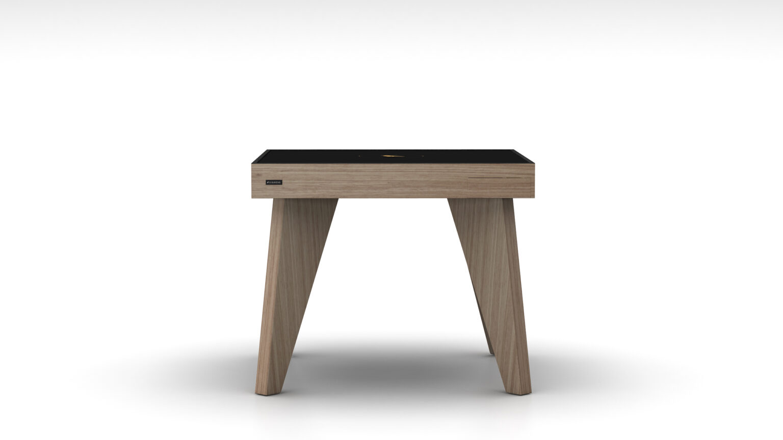 The Theseus Mahjong Table, featuring a sleek black top and angular wooden legs, embodies the elegance of luxury game tables. Its modern minimalist design stands out beautifully against a plain white background.