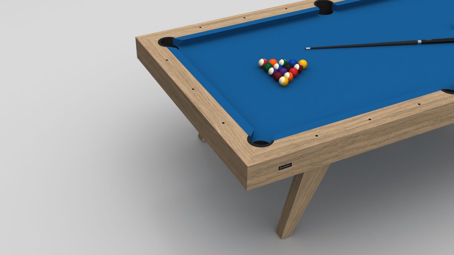 The Trigon Pool Table, a luxury wooden piece with a blue felt surface, features pool balls in a triangle and an elegantly placed cue stick. The minimalist, well-lit setting enhances its sophisticated appeal.