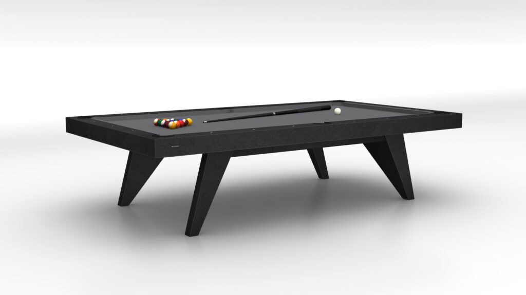 Experience luxury with the sleek Trigon Pool Table, featuring a modern black design. A full set of pool balls forms a perfect triangle as the cue stick rests elegantly on its felt surface. Its minimalist aesthetic and angled legs offer a sophisticated touch.