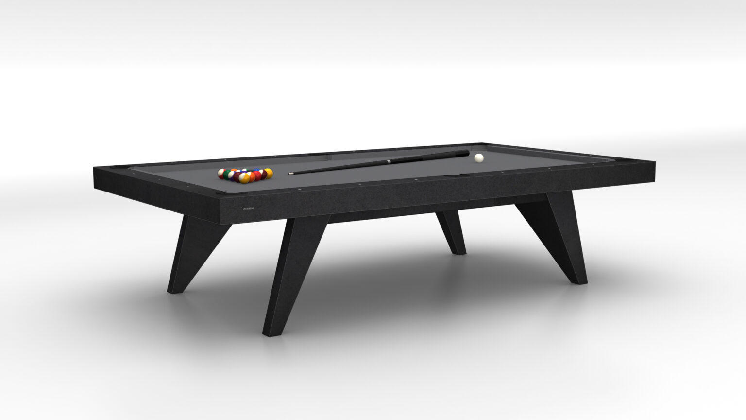 Experience luxury with the sleek Trigon Pool Table, featuring a modern black design. A full set of pool balls forms a perfect triangle as the cue stick rests elegantly on its felt surface. Its minimalist aesthetic and angled legs offer a sophisticated touch.
