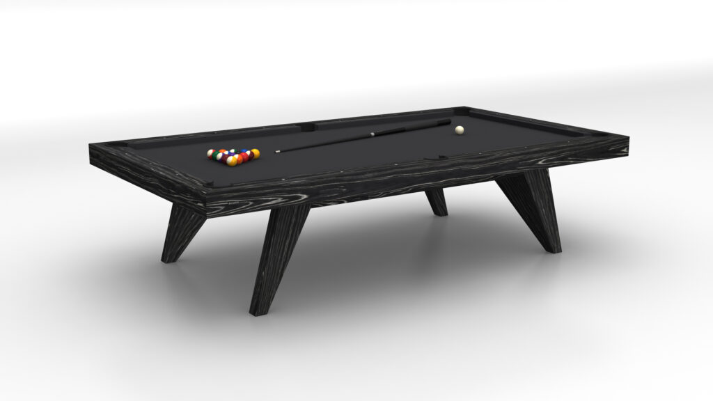 The Trigon Pool Table is a luxurious modern piece with a black surface, dark wooden frame, and angled legs. It features colorful balls and a cue stick on its sleek top, all set against a white background, epitomizing elegance in luxury game tables.