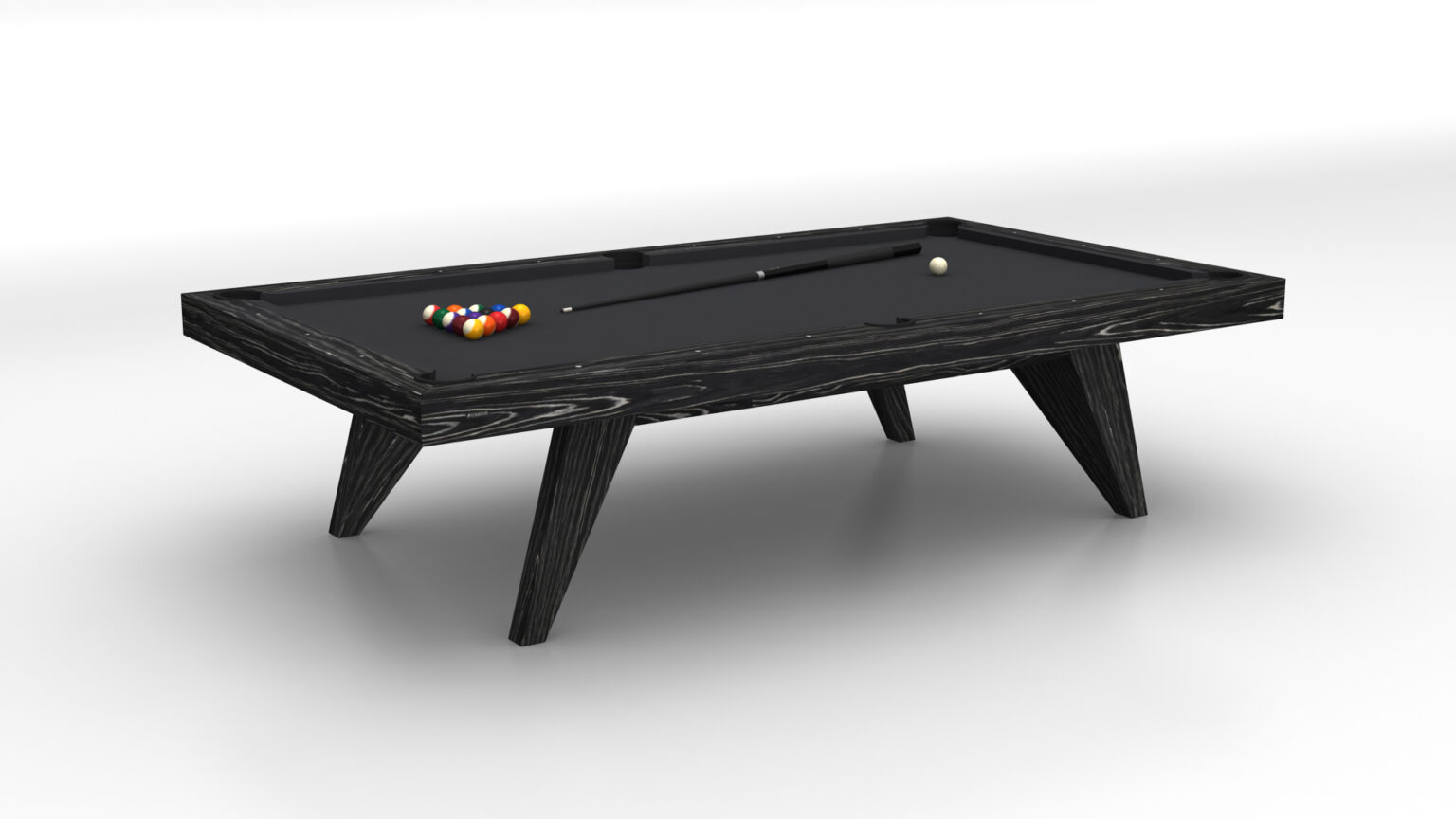 The Trigon Pool Table is a luxurious modern piece with a black surface, dark wooden frame, and angled legs. It features colorful balls and a cue stick on its sleek top, all set against a white background, epitomizing elegance in luxury game tables.