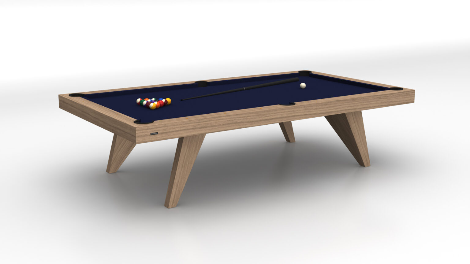 The luxurious Trigon Pool Table features a modern design with a blue felt surface and elegant wooden legs. A vibrant triangle of billiard balls is perfectly arranged at one end, with the white cue ball resting near a cue stick on the table.