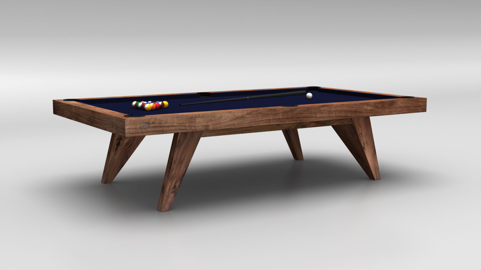 The Trigon Pool Table is a luxurious wooden game table with a dark blue felt surface and a triangular rack of colorful balls, including a cue ball. It stands on sleek, angular legs against a light gray background, embodying elegant design and sophistication in every detail.