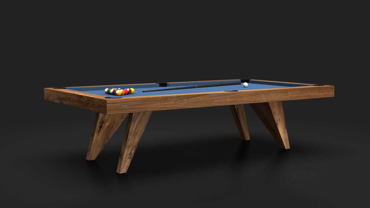 The Trigon Pool Table, a luxurious modern game table, features a blue felt surface and a wooden frame against a dark backdrop. Complete with colorful billiard balls in a triangle, cue stick, and white cue ball, it exudes elegance in every detail.