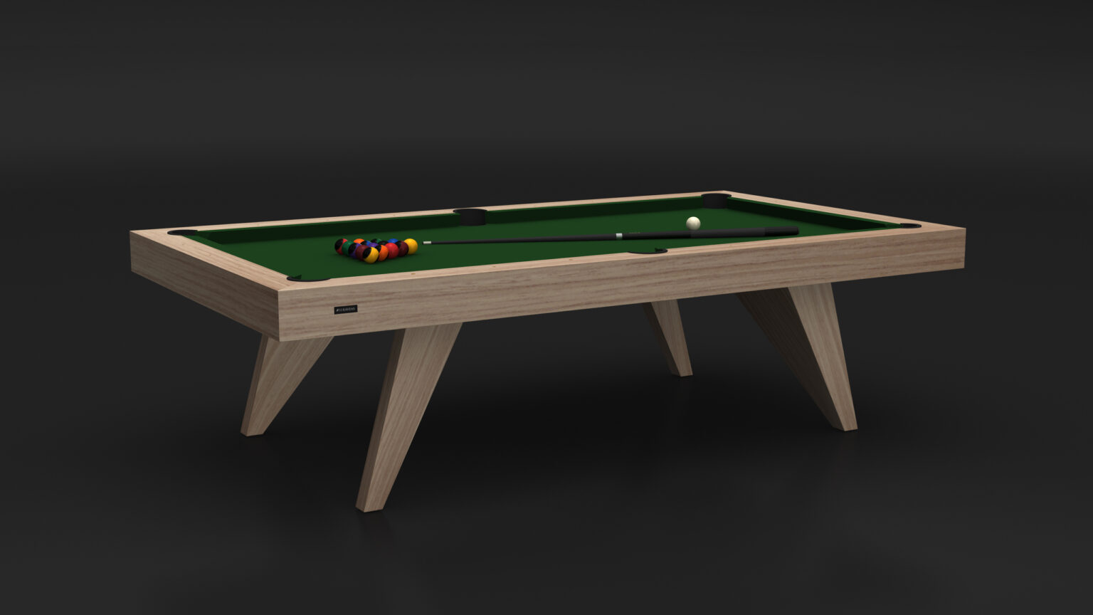 The Trigon Pool Table, with its modern wooden design and green felt surface, showcases luxury. A set of racked billiard balls and a cue stick are elegantly placed on it, all within a sophisticated dark, minimalist backdrop.