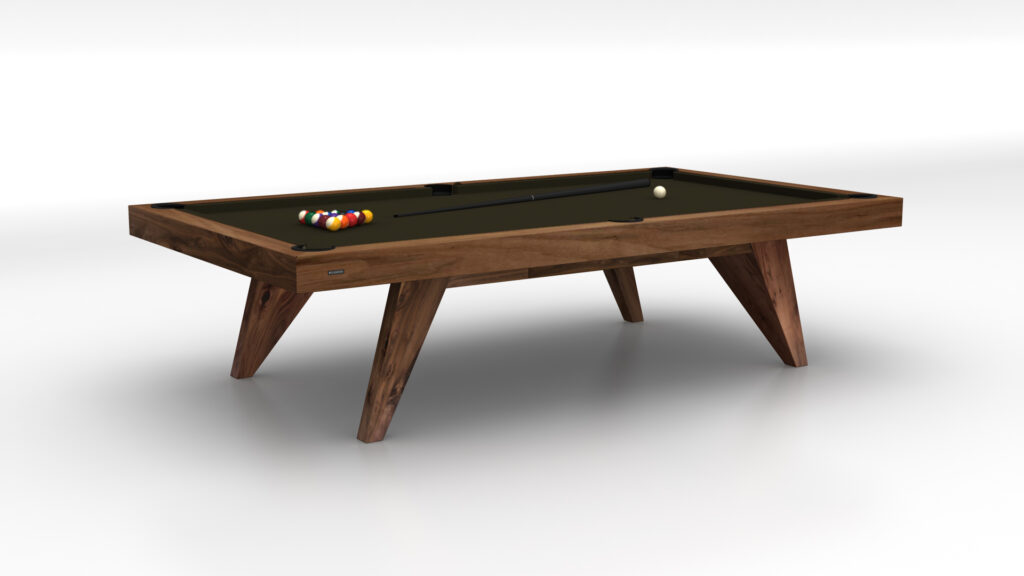 The Trigon Pool Table is a luxury game table featuring a modern wooden design with a dark green surface, accompanied by a cue stick and white cue ball. A colorful set of racked billiard balls is ready for play, all set against a plain white background to emphasize its elegant form.