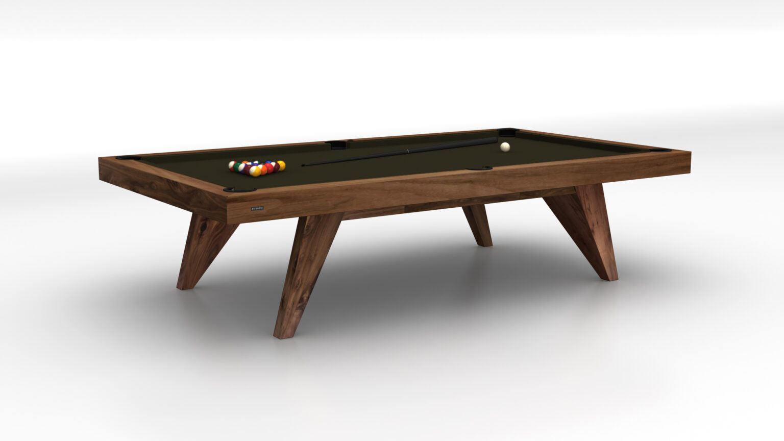 The Trigon Pool Table is a luxury game table featuring a modern wooden design with a dark green surface, accompanied by a cue stick and white cue ball. A colorful set of racked billiard balls is ready for play, all set against a plain white background to emphasize its elegant form.