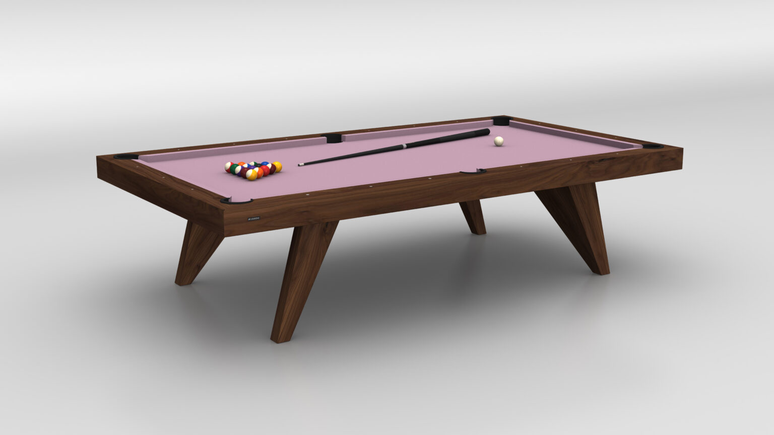 The Trigon Pool Table, crafted from wood, features a luxurious purple felt surface with a set triangle of multicolored billiard balls, alongside a cue stick and cue ball, elegantly displayed against a neutral gray background.
